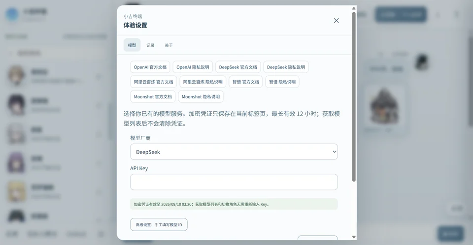 小吉终端体验设置：模型、记录与关于标签，模型服务商选择及 API Key 配置